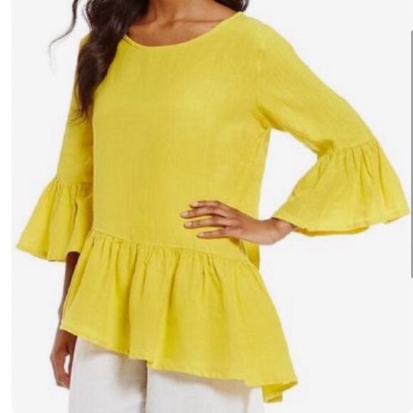 Bryn Walker Franci Cotton Gauze Asymmetrical Ruffle Top Yellow - Picture 1 of 9